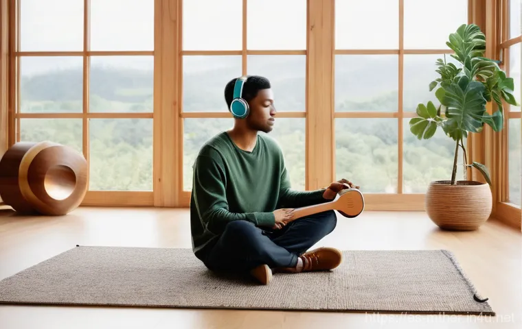 음악테라피사 상담 과정 - **Prompt:** A serene and introspective music therapy session for a young adult. The individual, dres...