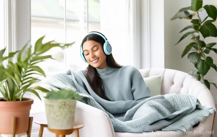 음악테라피사 심리적 효과 - **Prompt 1: Serene Sanctuary of Sound**
"A cozy, sunlit room designed for relaxation. A young ad...