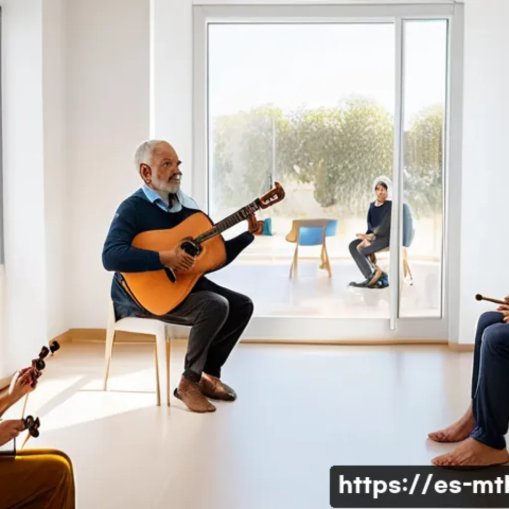 음악테라피사 실습 후기 - A serene therapy room in a modern Spanish clinic, featuring a diverse group of adult patients seated...