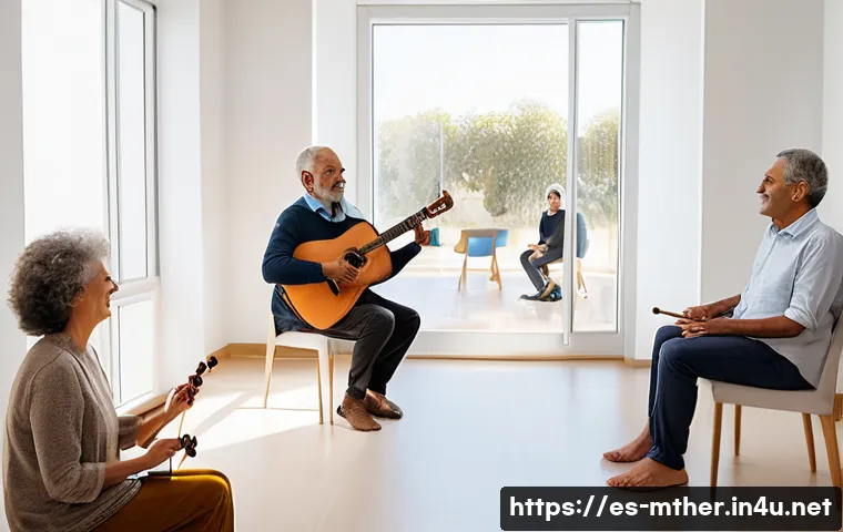 음악테라피사 실습 후기 - A serene therapy room in a modern Spanish clinic, featuring a diverse group of adult patients seated...