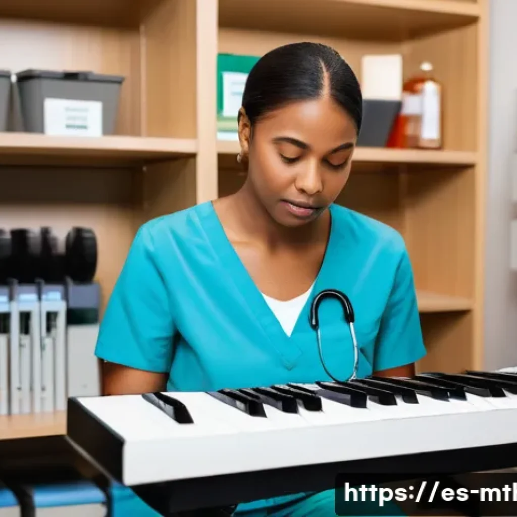 음악테라피사 응급처치 - A professional music therapy room setting with a diverse adult patient showing signs of a panic atta...