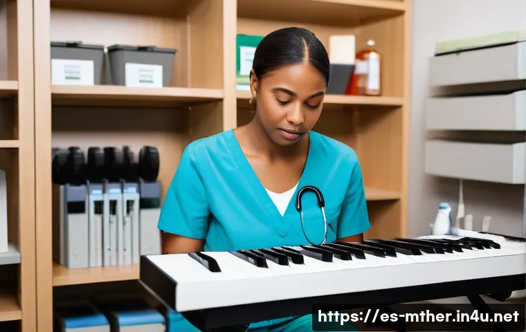 음악테라피사 응급처치 - A professional music therapy room setting with a diverse adult patient showing signs of a panic atta...