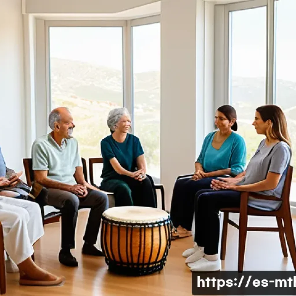 음악테라피사 직무 특징 - A serene therapy room in a modern Spanish hospital setting, featuring a diverse group of adult patie...