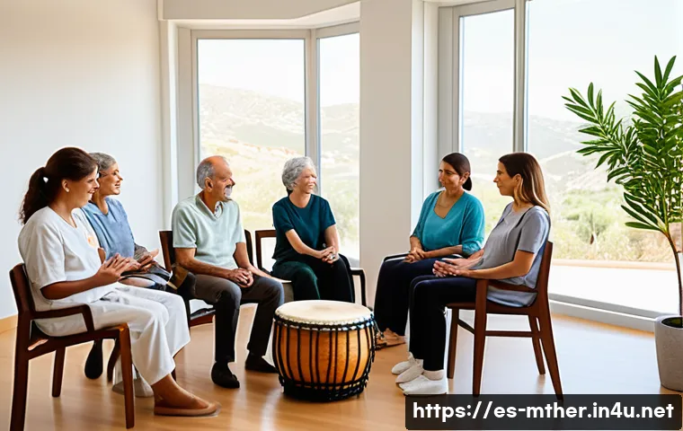 음악테라피사 직무 특징 - A serene therapy room in a modern Spanish hospital setting, featuring a diverse group of adult patie...