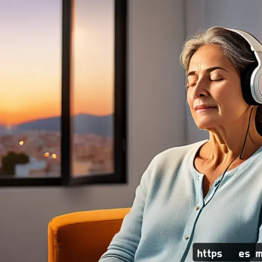 음악테라피사 치료 테크닉 - A serene indoor scene of a middle-aged Spanish woman sitting comfortably in a cozy, softly lit room,...