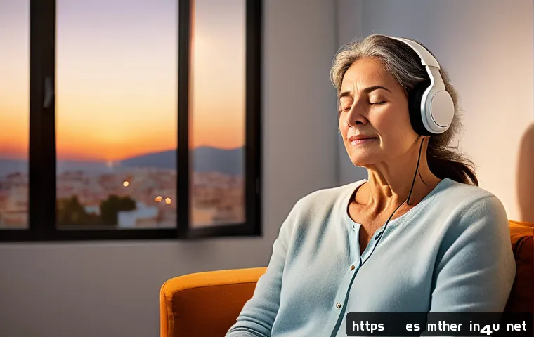 음악테라피사 치료 테크닉 - A serene indoor scene of a middle-aged Spanish woman sitting comfortably in a cozy, softly lit room,...