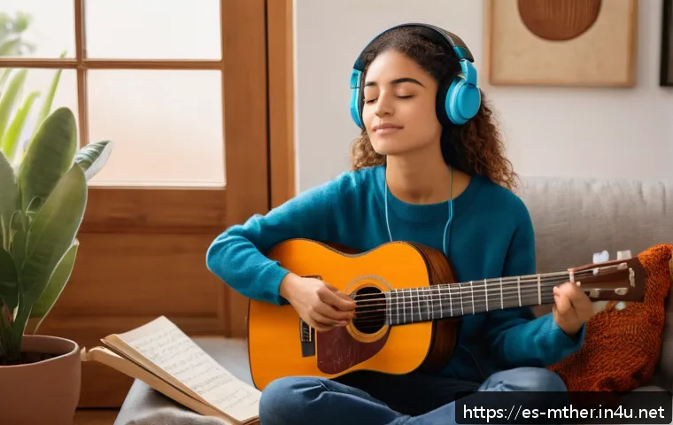 음악테라피사 치료 방법 - A serene indoor scene showing a young Spanish woman in casual modern clothing sitting comfortably in...