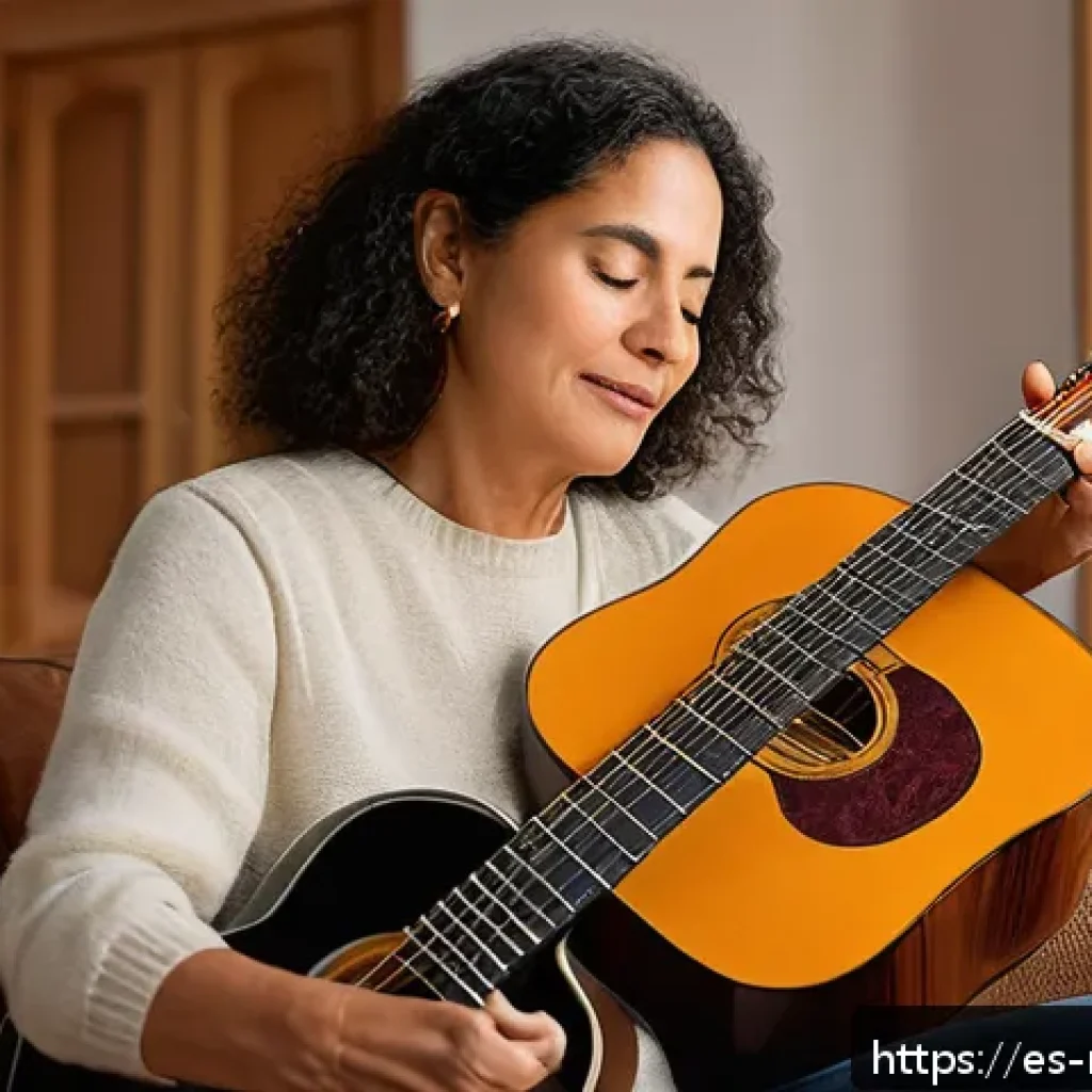 음악테라피사 자기계발 - A serene home music therapy session featuring a middle-aged Hispanic woman sitting comfortably in a ...