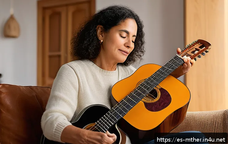음악테라피사 자기계발 - A serene home music therapy session featuring a middle-aged Hispanic woman sitting comfortably in a ...