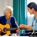 음악테라피사 취업 방법 - A professional music therapist conducting a therapy session in a bright hospital room in Spain, inte...