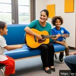 음악테라피사 교육 과정 - A compassionate music therapist wearing comfortable professional attire and a warm smile, sitting in...