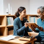 음악테라피사 전문가로 성장하기 - A warm, inviting therapy room in a Spanish clinic, featuring a music therapist&mdash;a professional woman ...