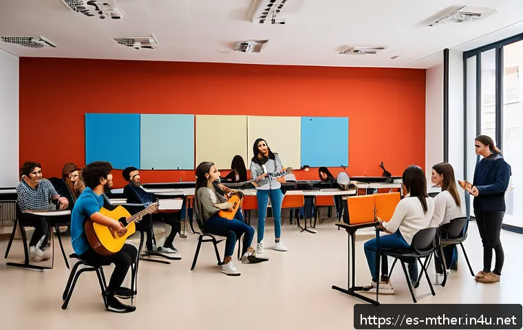 음악테라피사 직업 교육 - A university classroom setting in a Spanish-speaking country where diverse students are engaged in a...