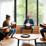 음악테라피사 실습을 통한 성장 - A serene therapy room bathed in warm natural light, featuring a diverse group of adults engaged in a...