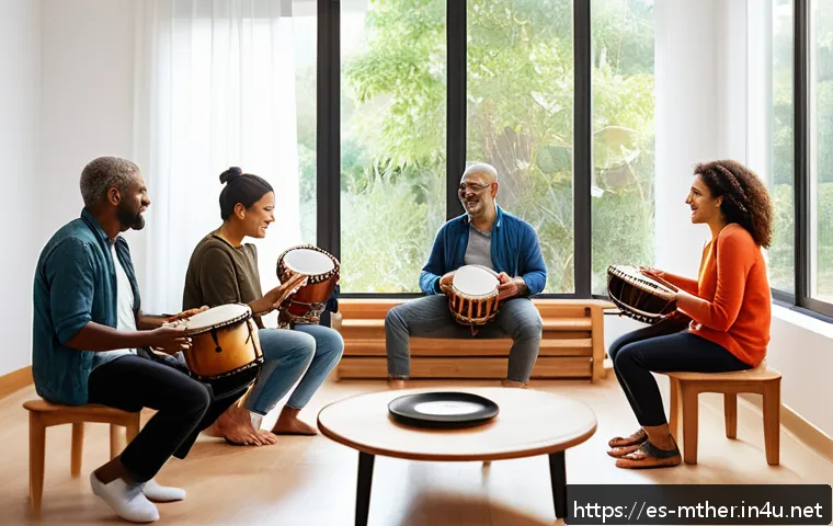 음악테라피사 실습을 통한 성장 - A serene therapy room bathed in warm natural light, featuring a diverse group of adults engaged in a...