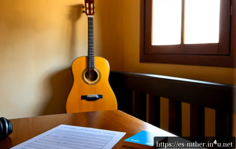 Home 17 음악테라피사 자격증 시험 준비 과정 - Photorealistic study scene for music therapy certification exam preparation in Spain, focused adult ...