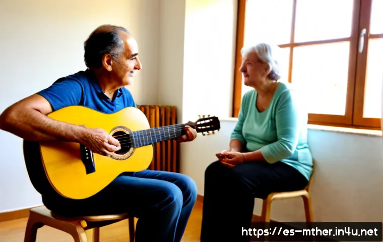 음악테라피사 기술 습득 - Photorealistic music therapy training session in a warm community wellness center in Spain, compassi...